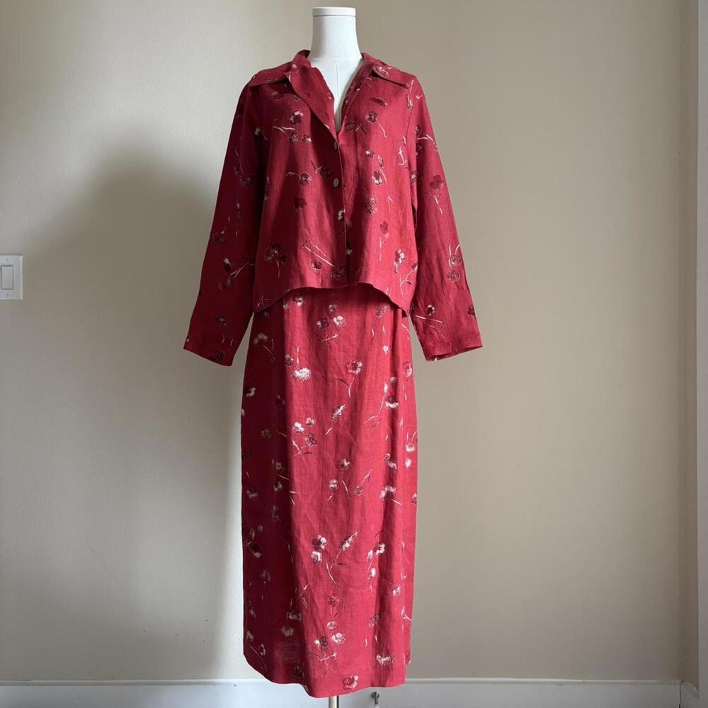 y2k red floral linen skirt set